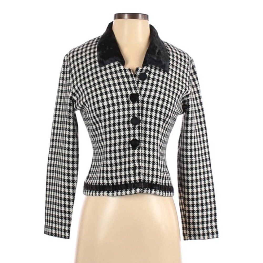 Positive Attitude Plaid Houndstooth Black White Blazer Jacket Size 4 (Petite)